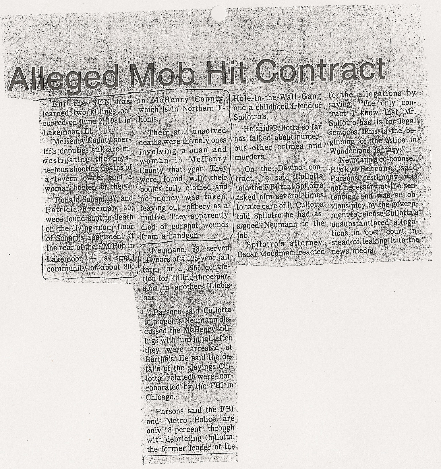 McHenry County 1981 Las Vegas Sun Alleged Mob Hit Contract - McHenry County 1981