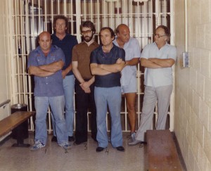 The Hole In The Wall Gang being arrested on July 4th, 1981 for robbing Bertha's. From left to right, Larry Neumann, Frank Cullotta, Joe Blasko, Leo Guardino, Ernie Davino, and Wayne Matecki