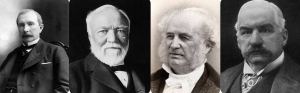 Robber Barons of the Industrial Age from let to right, John D. Rockefeller, Andrew Carnergie, Cornelius Vanderbilt, and JP Morgan.